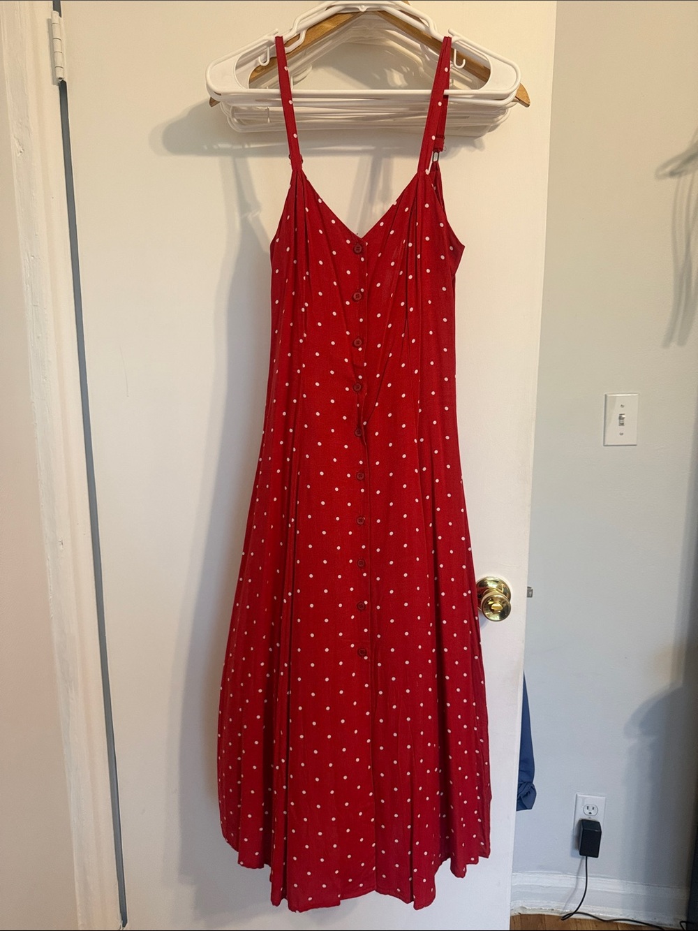 Forever 21 Red Polka Dot Button-Front Spaghetti Strap Dress